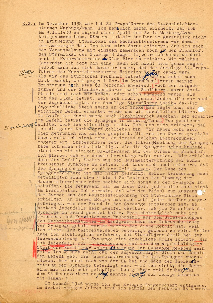 Untersuchungsrichter am Amtsgericht Frankenberg in der Strafsache gegen den früheren Sturmführer Hans Steih wegen Brandstiftung. Aussagen von Otto Spengler und Hans Steih. Frankenberg/Eder 21. Juni 1947