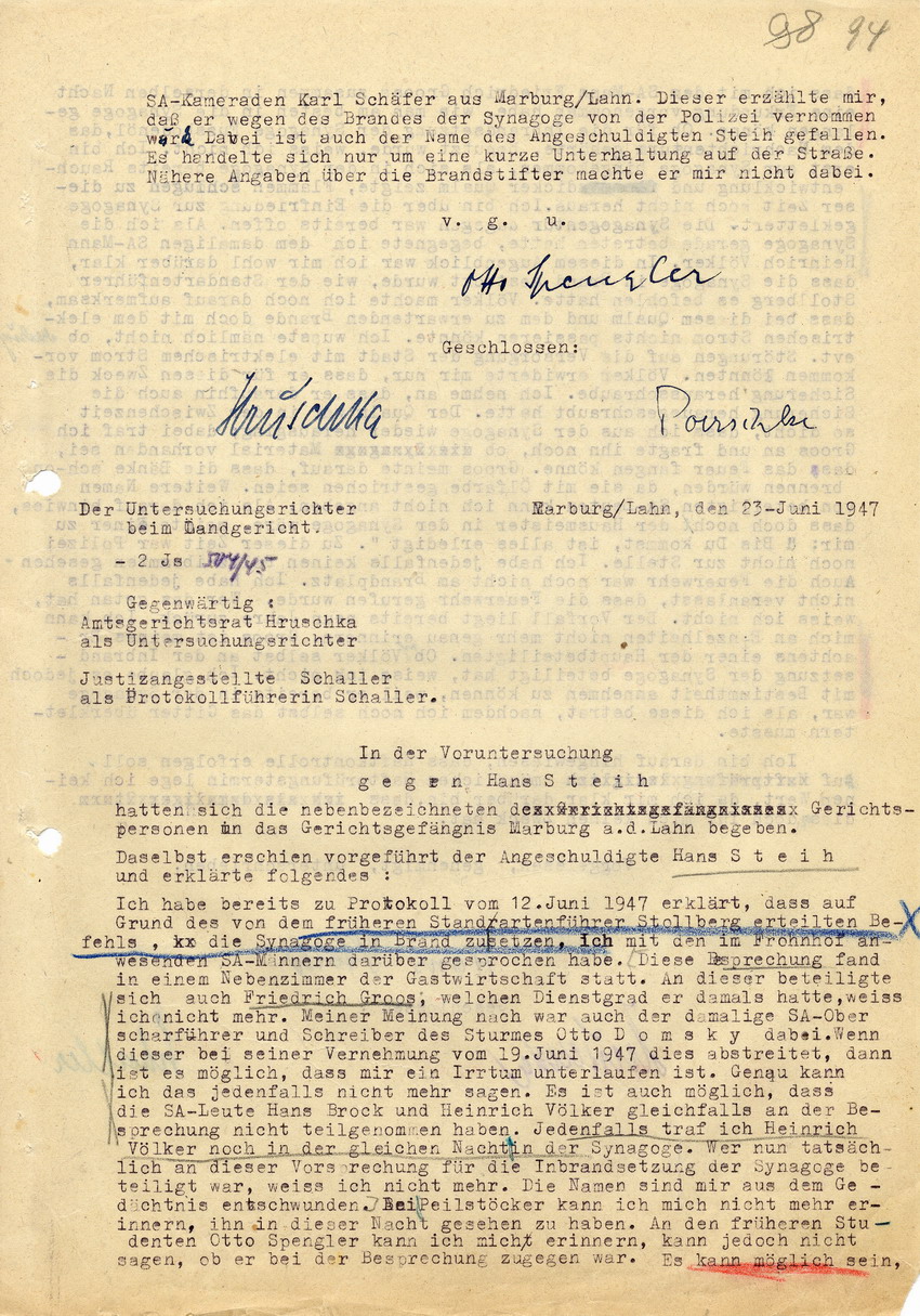 Untersuchungsrichter am Amtsgericht Frankenberg in der Strafsache gegen den früheren Sturmführer Hans Steih wegen Brandstiftung. Aussagen von Otto Spengler und Hans Steih. Frankenberg/Eder 21. Juni 1947