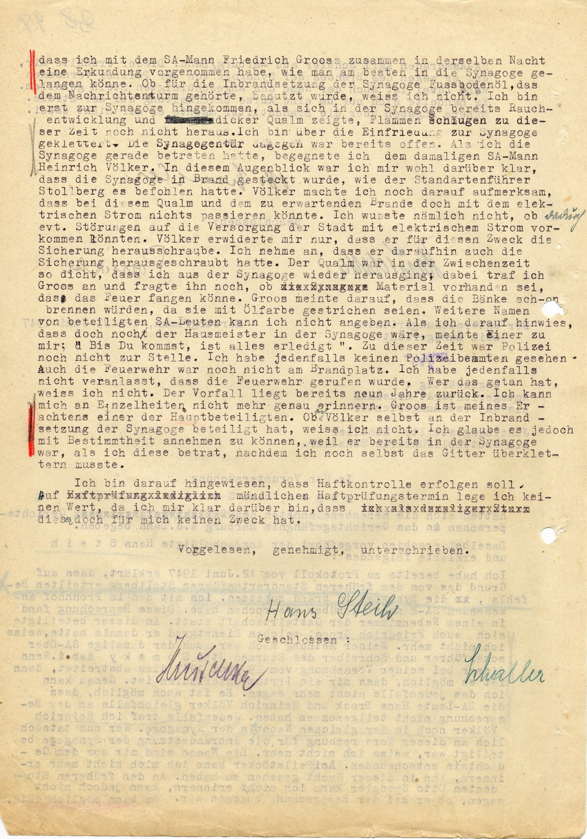 Untersuchungsrichter am Amtsgericht Frankenberg in der Strafsache gegen den früheren Sturmführer Hans Steih wegen Brandstiftung. Aussagen von Otto Spengler und Hans Steih. Frankenberg/Eder 21. Juni 1947
