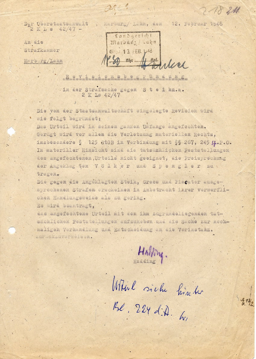 Revisionsbegründung des Oberstaatsanwaltes in Marburg an das Landgericht in Marburg in der Strafsache gegen Steih u.a., 12. Februar 1948
