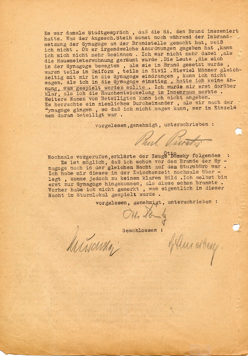 Untersuchungsrichter des Landgerichts Marburg betreffend die Voruntersuchung gegen Hans Steih wegen Brandstiftung an der Marburger Synagoge. Zeugenaussage Paul Piskators. Marburg, 07. Juli 1947