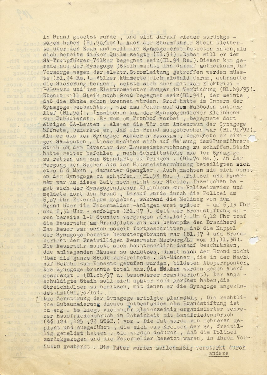 Bericht des Untersuchungsrichters beim Landgericht Marburg an den Oberstaatsanwalt betreffend die Strafsache gegen Hans Steih wegen Brandstiftung an der Marburger Synagoge. Marburg, 10. Juli 1947