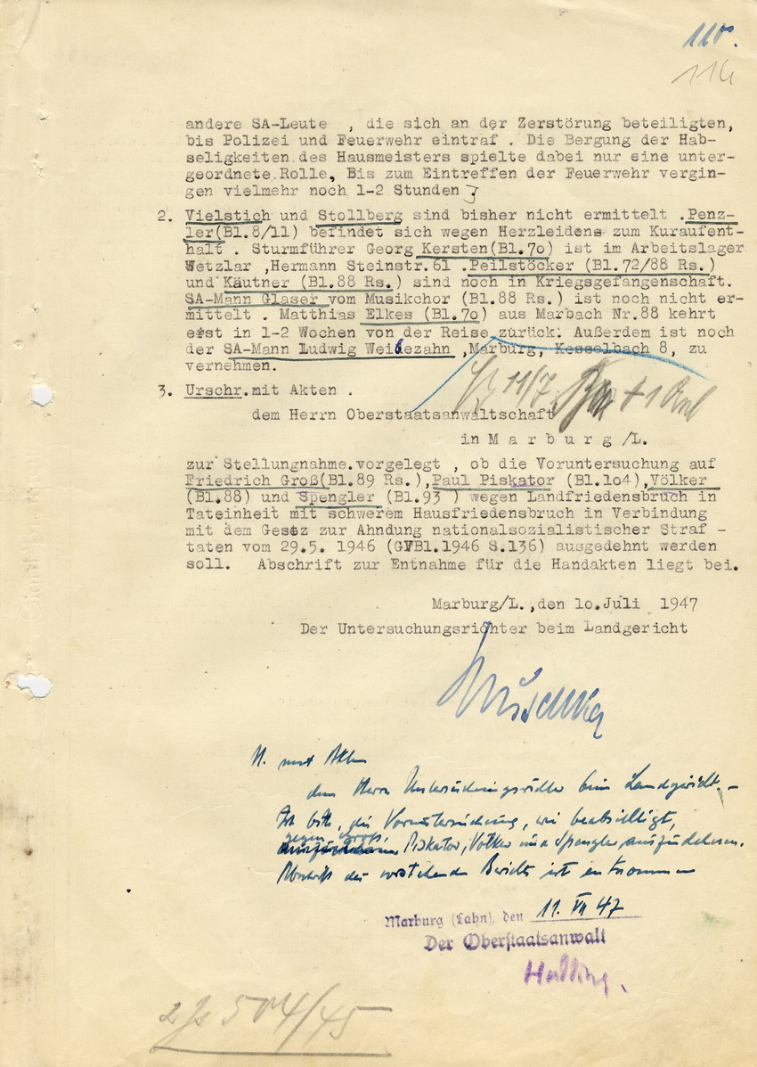 Bericht des Untersuchungsrichters beim Landgericht Marburg an den Oberstaatsanwalt betreffend die Strafsache gegen Hans Steih wegen Brandstiftung an der Marburger Synagoge. Marburg, 10. Juli 1947