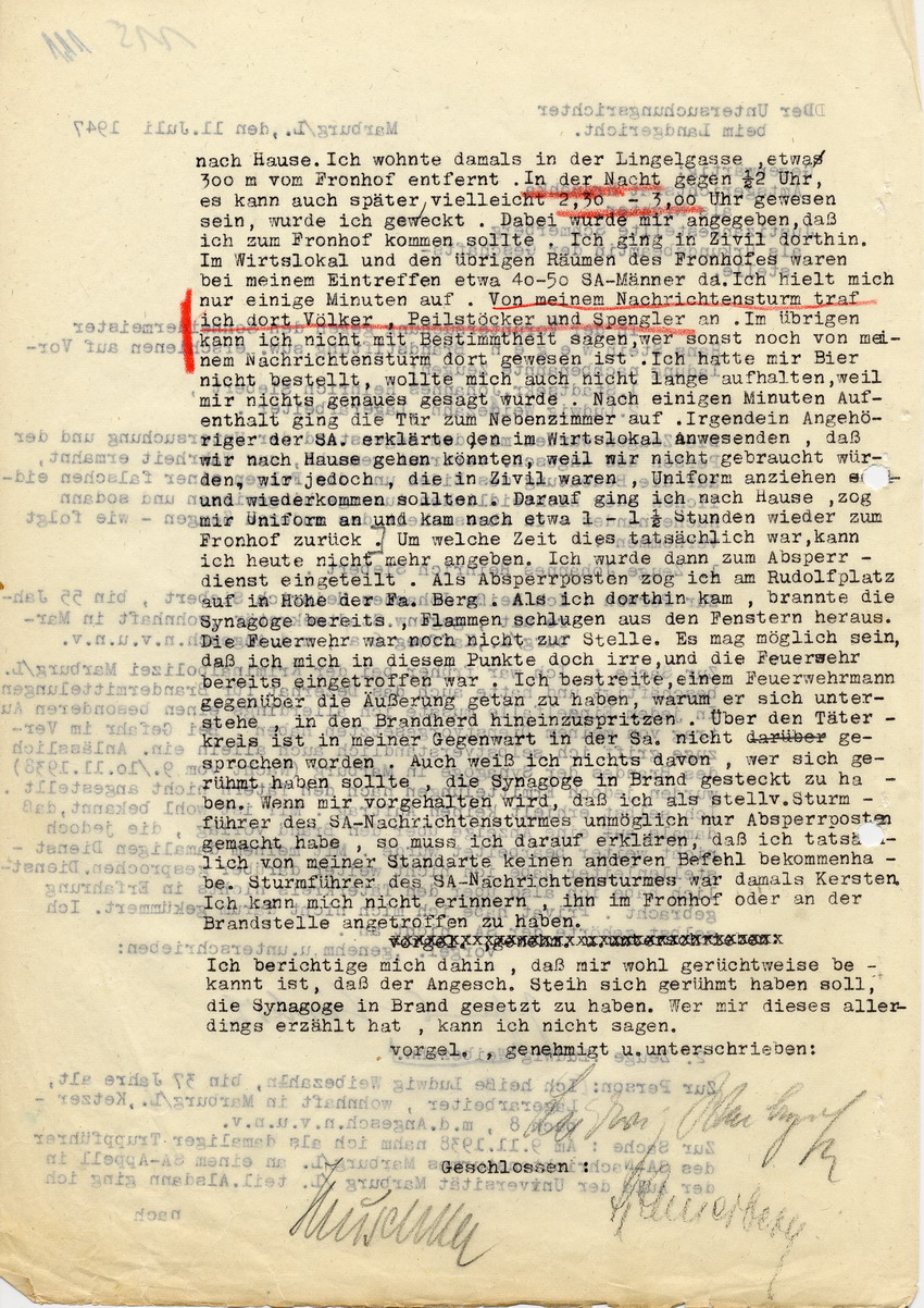 Untersuchungsrichter beim Landgericht Marburg betreffend die Voruntersuchung gegen Hans Steih wegen Brandstiftung an der Marburger Synagoge 1938. Zeugenaussagen des früheren Kriminalpolizisten Johannes Siebert und Ludwig Weibezahns. Marburg, 11. Juli 1947