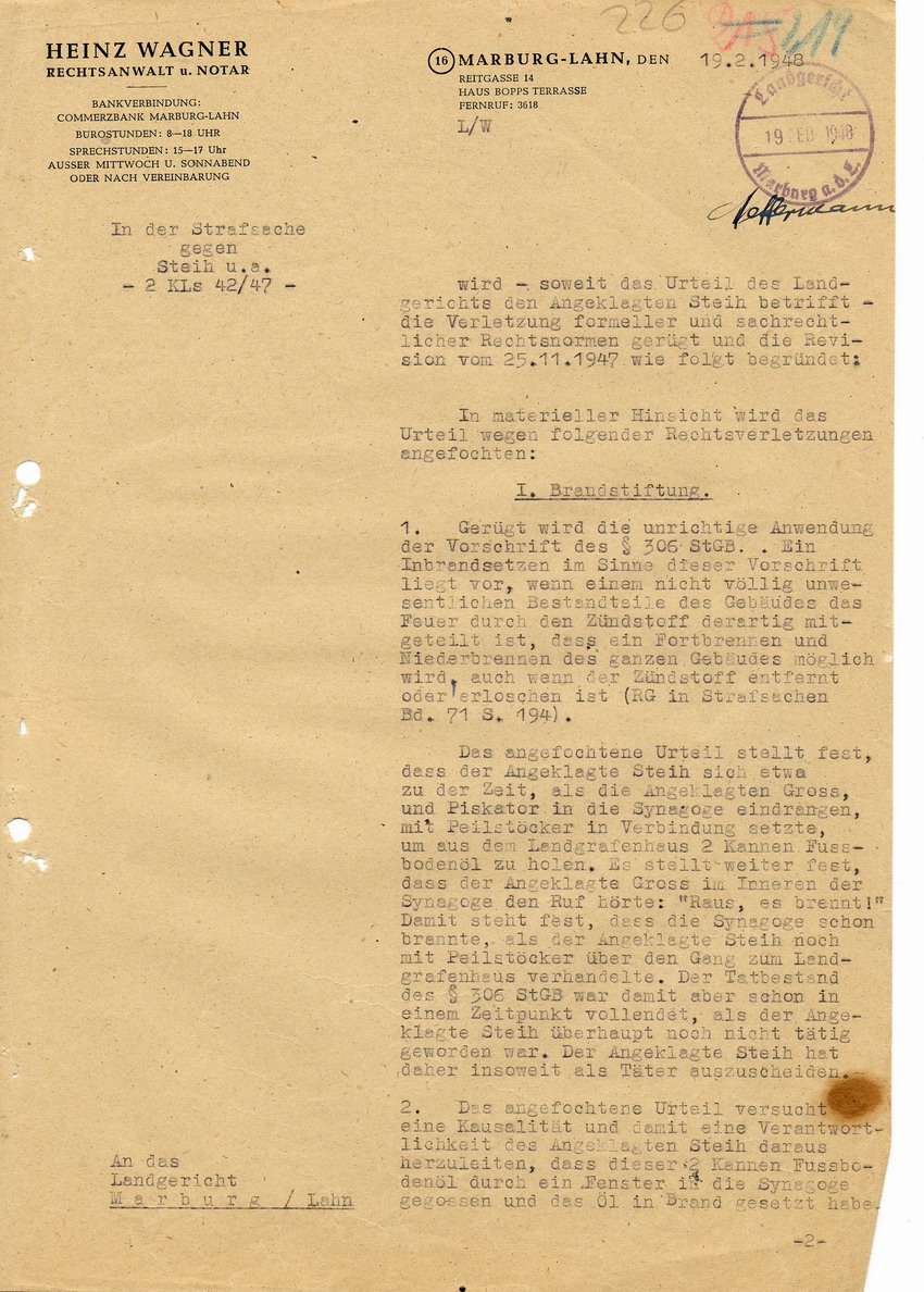 Revisionsbegründung von Rechtsanwalt Wagner in der Strafsache gegen Steih u.a. an das Landgericht Marburg, 19. Februar 1948.