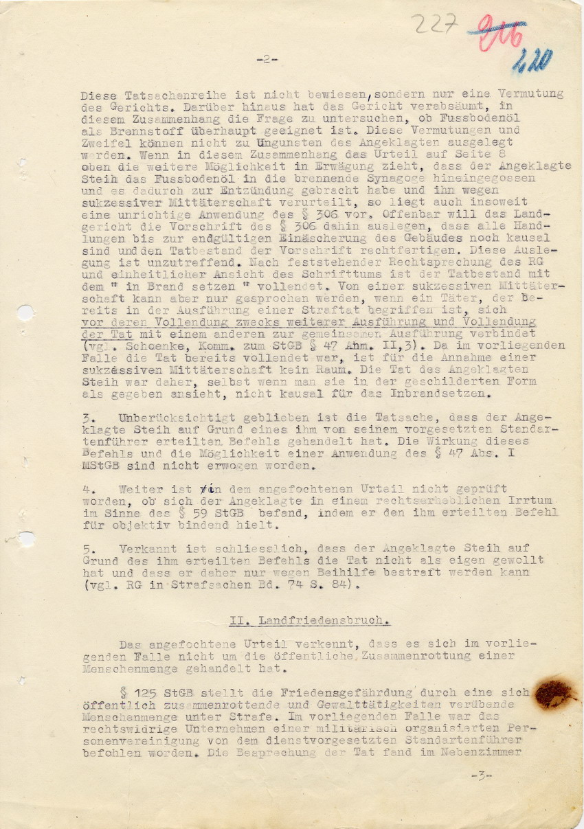 Revisionsbegründung von Rechtsanwalt Wagner in der Strafsache gegen Steih u.a. an das Landgericht Marburg, 19. Februar 1948.