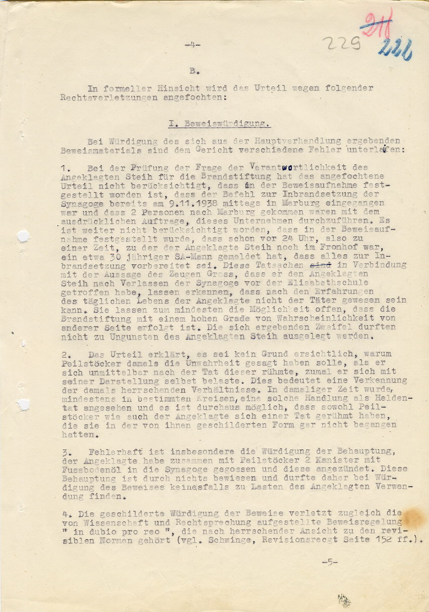 Revisionsbegründung von Rechtsanwalt Wagner in der Strafsache gegen Steih u.a. an das Landgericht Marburg, 19. Februar 1948.