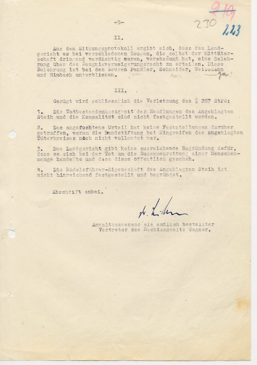 Revisionsbegründung von Rechtsanwalt Wagner in der Strafsache gegen Steih u.a. an das Landgericht Marburg, 19. Februar 1948.