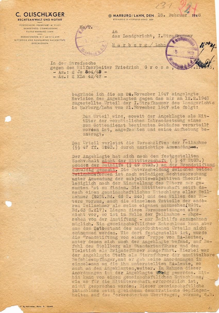 Revisionsbegründung von Rechtsanwalt Olischläger in der Strafsache gegen Gross an das Landgericht Marburg, 18. Februar 1948