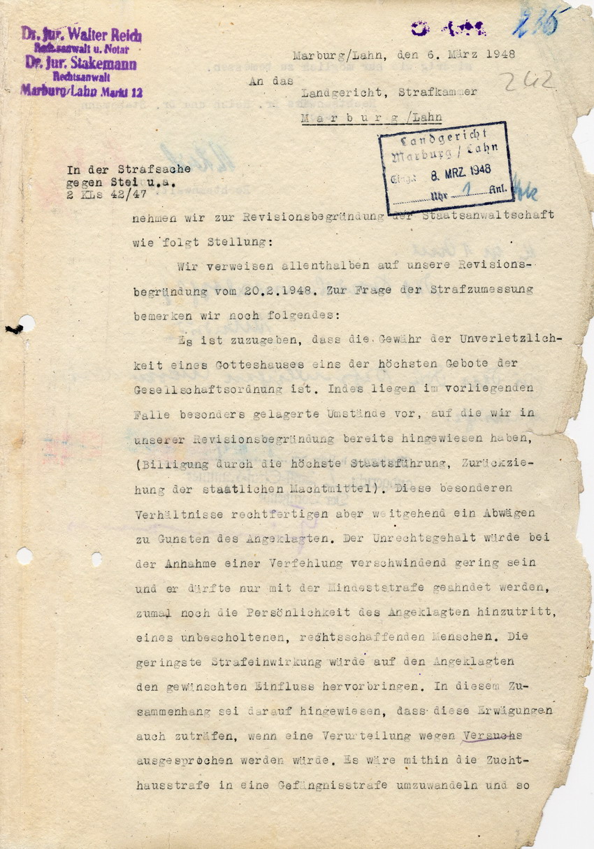 Stellungnahme der Rechtsanwälte Reich und Stakemann zur Revisionsbegründung der Staatsanwaltschaft in der Strafsache gegen Steih u.a. an das Landgericht Marburg, 06. März 1948