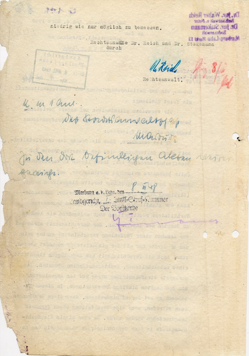 Stellungnahme der Rechtsanwälte Reich und Stakemann zur Revisionsbegründung der Staatsanwaltschaft in der Strafsache gegen Steih u.a. an das Landgericht Marburg, 06. März 1948