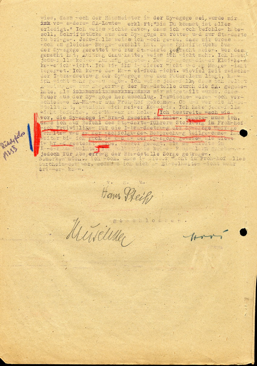 Untersuchungsrichter beim Landgericht Marburg betreffend die Voruntersuchung gegen Hans Steih wegen Brandstiftung an der Marburger Synagoge am 09./10. November 1938. Aussage Hans Steihs. Marburg, 16. Juli 1947