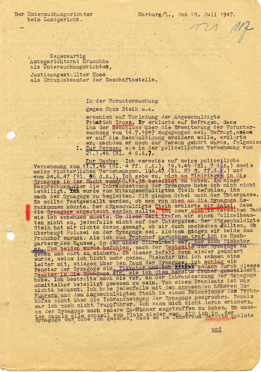 Untersuchungsrichter beim Landgericht Marburg in der Voruntersuchung gegen Hans Steih u.a. Zeugenaussagen. Marburg, 18. Juli 1947