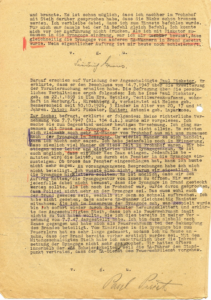 Untersuchungsrichter beim Landgericht Marburg in der Voruntersuchung gegen Hans Steih u.a. Zeugenaussagen. Marburg, 18. Juli 1947