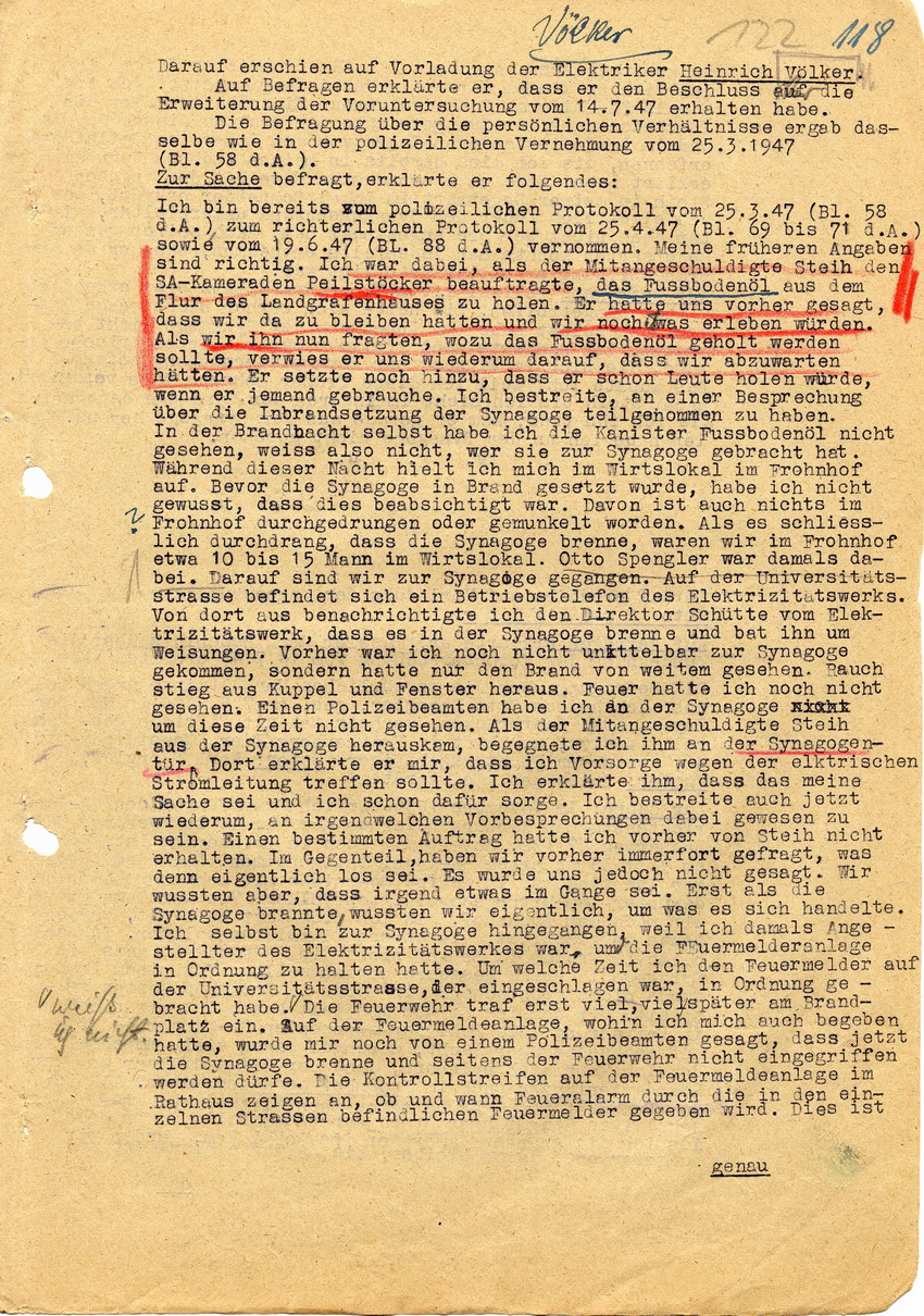 Untersuchungsrichter beim Landgericht Marburg in der Voruntersuchung gegen Hans Steih u.a. Zeugenaussagen. Marburg, 18. Juli 1947