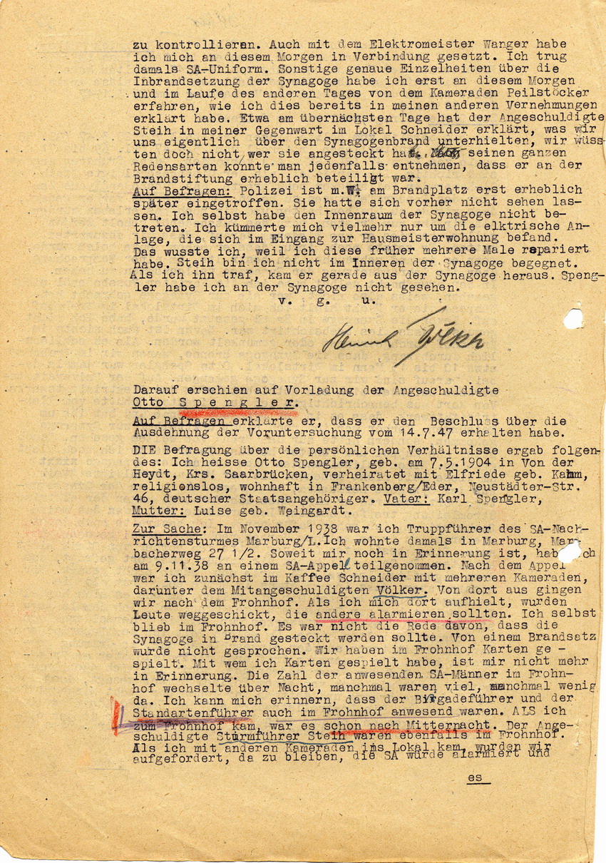 Untersuchungsrichter beim Landgericht Marburg in der Voruntersuchung gegen Hans Steih u.a. Zeugenaussagen. Marburg, 18. Juli 1947