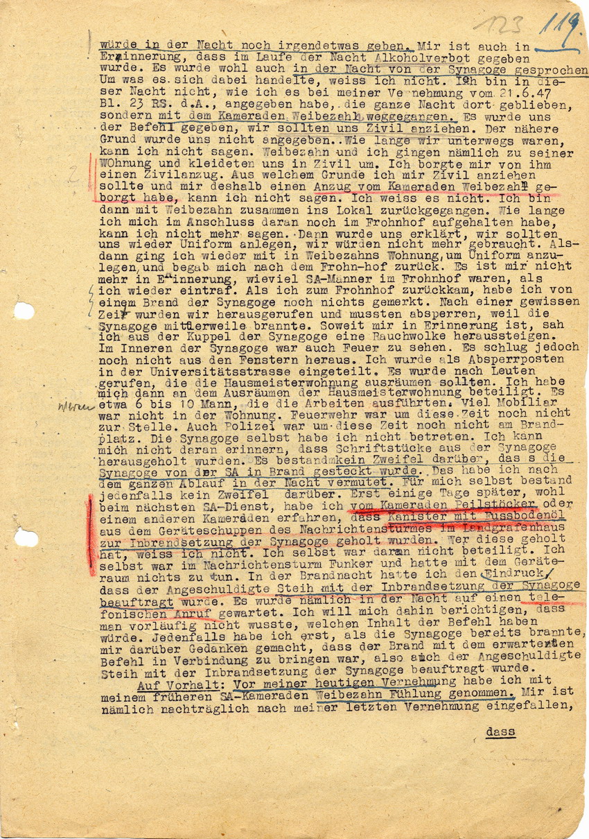 Untersuchungsrichter beim Landgericht Marburg in der Voruntersuchung gegen Hans Steih u.a. Zeugenaussagen. Marburg, 18. Juli 1947