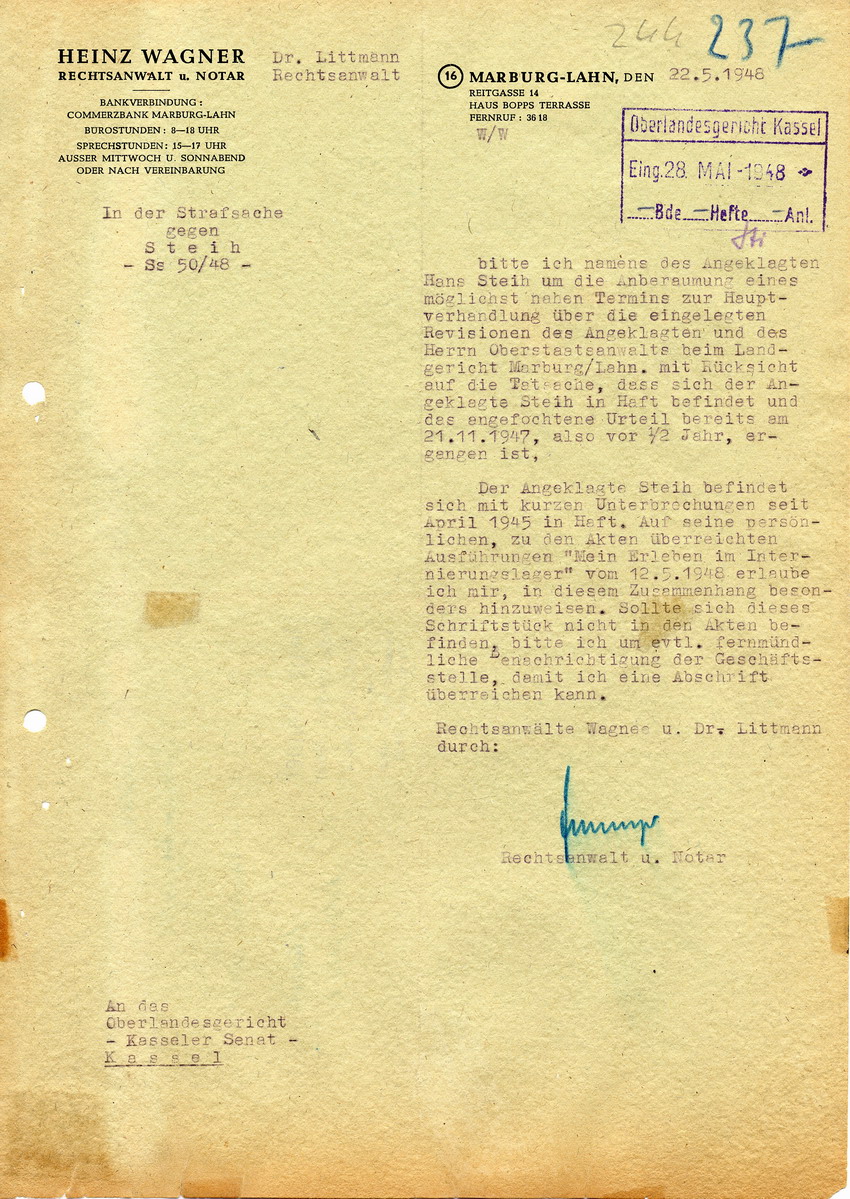 Schreiben des Rechtsanwaltes Wagner an das Landgericht Marburg mit der Bitte um baldige Anberaumung der Hauptverhandlung über die eingelegten Revisionen seines Mandanten Steih, 22. Mai 1948.