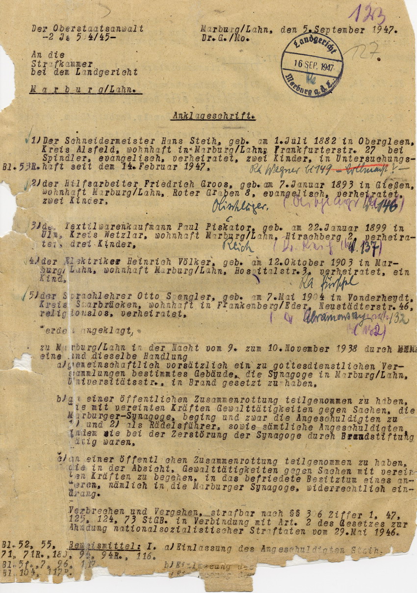 Oberstaatsanwaltschaft Marburg an die Strafkammer bei dem Landgericht. Anklageschrift gegen Hans Steih u.a. wegen Brandstiftung. Marburg, 05. September 1947