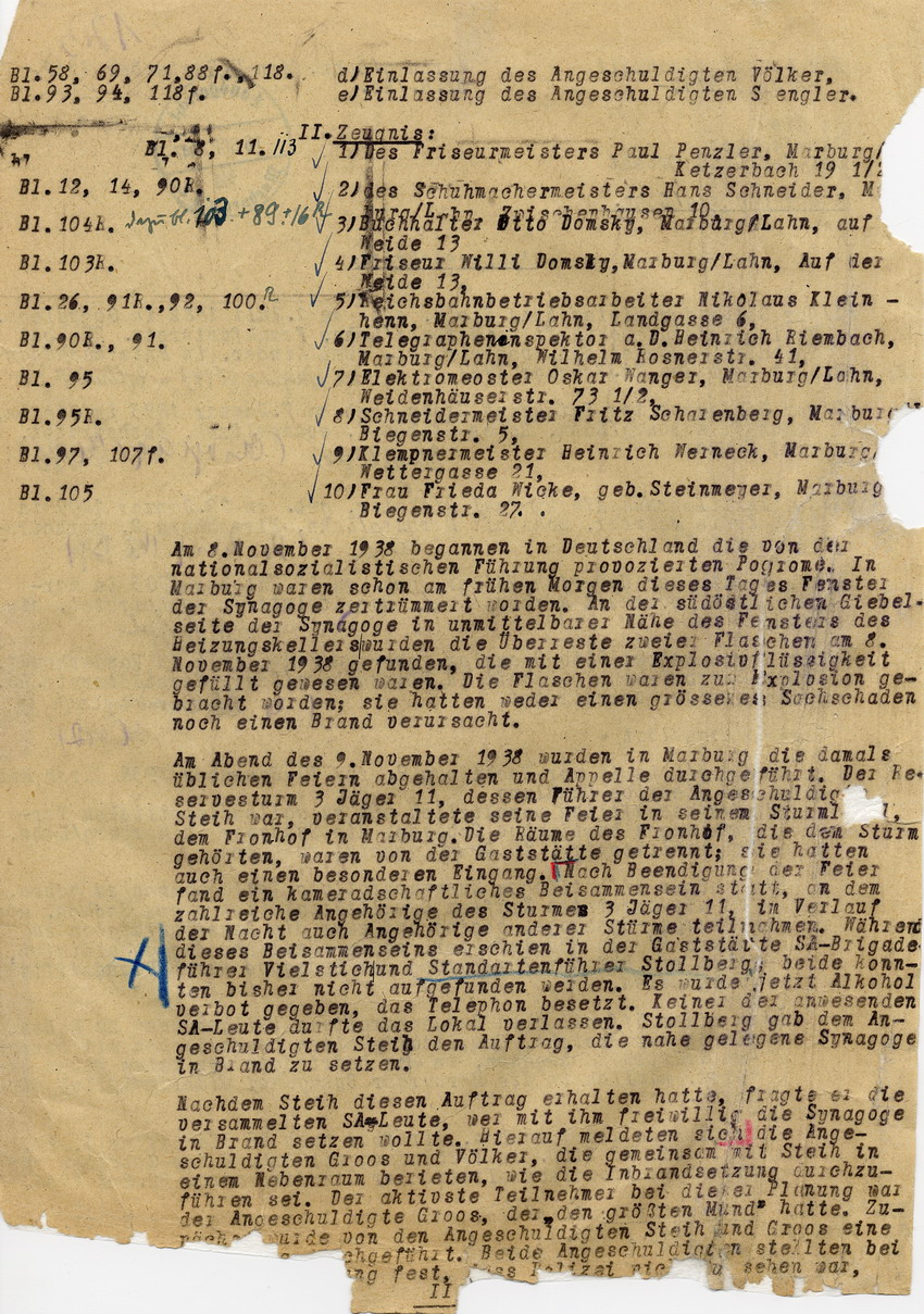 Oberstaatsanwaltschaft Marburg an die Strafkammer bei dem Landgericht. Anklageschrift gegen Hans Steih u.a. wegen Brandstiftung. Marburg, 05. September 1947