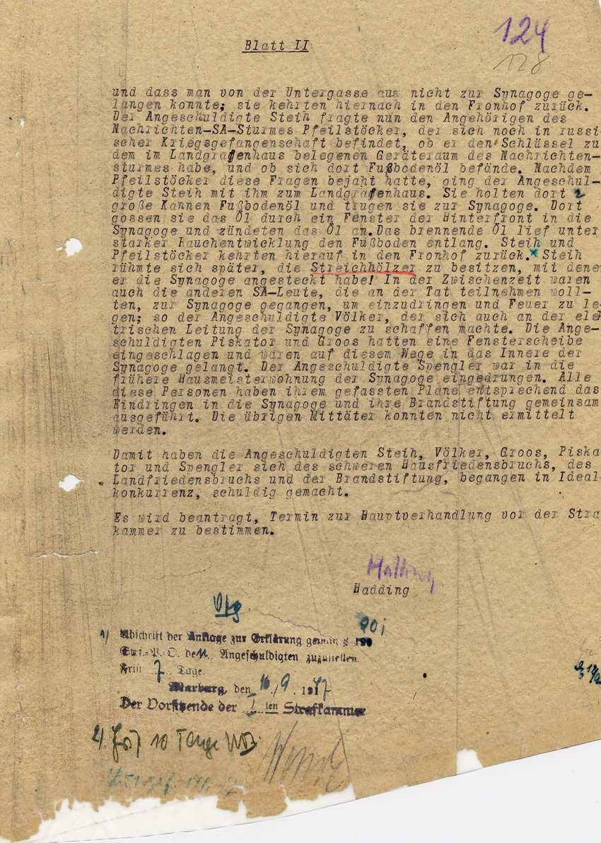 Oberstaatsanwaltschaft Marburg an die Strafkammer bei dem Landgericht. Anklageschrift gegen Hans Steih u.a. wegen Brandstiftung. Marburg, 05. September 1947