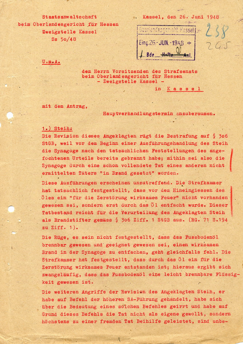 Antrag der Staatsanwaltschaft beim Vorsitzenden des Strafsenats des Oberlandesgerichtes in Kassel, den Hauptverhandlungstermin betr. die Revisionen in der Strafsache Steih festzulegen, 26. Juni 1948.