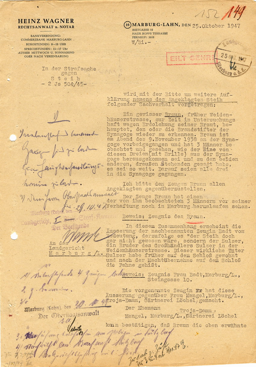 Heinz Wagner, Rechtsbeistand Hans Steihs an das Landgericht Marburg betreffend das Schreiben zur Entlastung seines Mandanten in der Strafsache wegen Brandstiftung. Marburg, 25. Oktober 1947