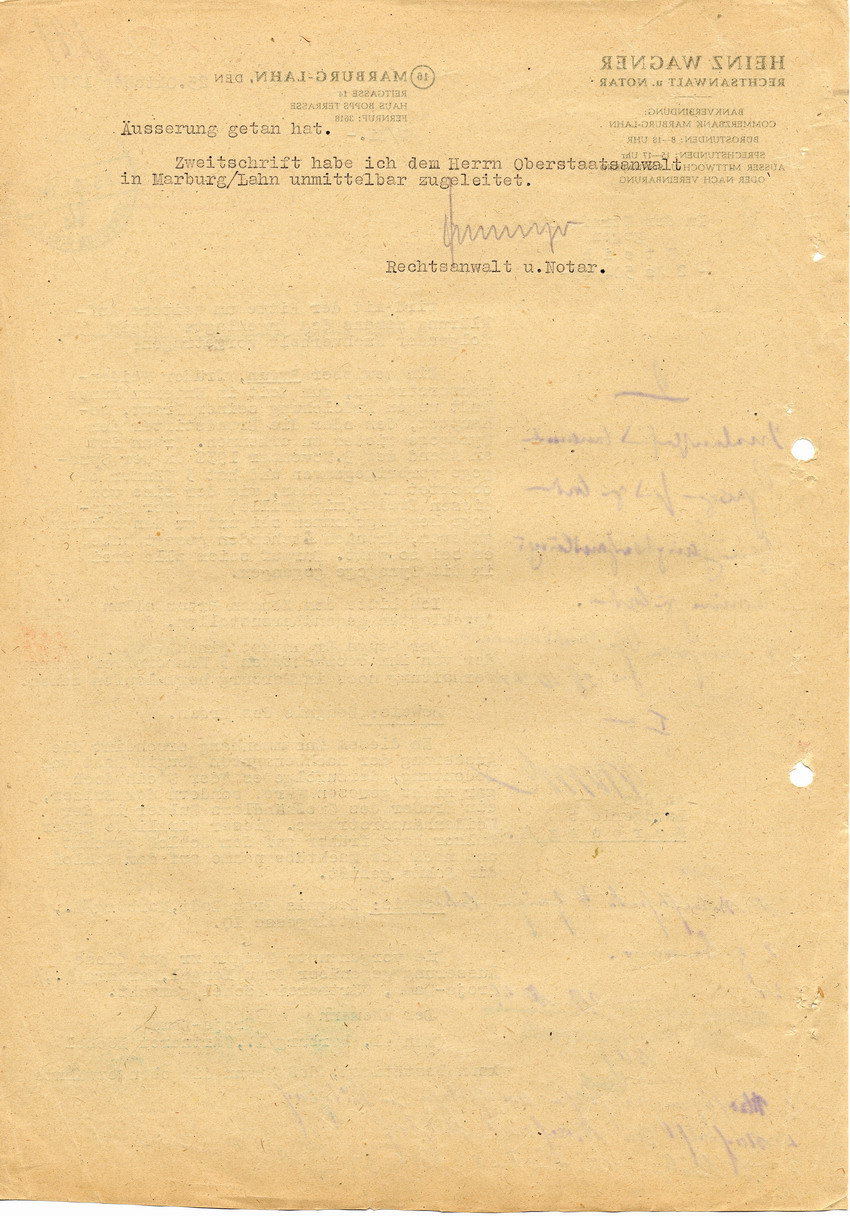 Heinz Wagner, Rechtsbeistand Hans Steihs an das Landgericht Marburg betreffend das Schreiben zur Entlastung seines Mandanten in der Strafsache wegen Brandstiftung. Marburg, 25. Oktober 1947