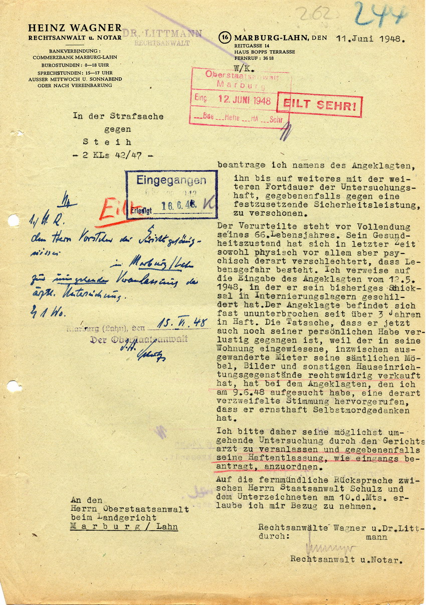 Schreiben des Rechtsanwaltes Wagner an das Landgericht Marburg mit der Bitte um Haftverschonung für seinen Mandanten Steih, 11. Juni 1948