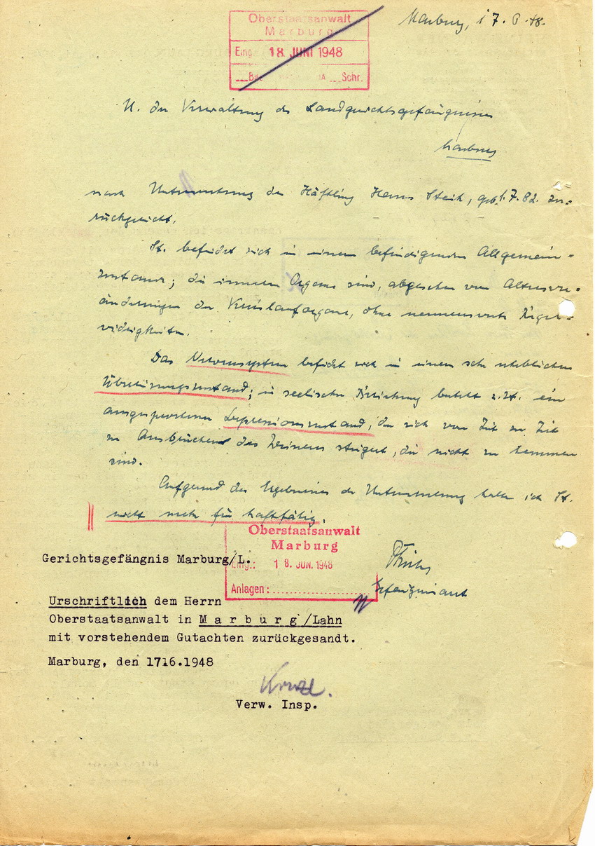 Schreiben des Rechtsanwaltes Wagner an das Landgericht Marburg mit der Bitte um Haftverschonung für seinen Mandanten Steih, 11. Juni 1948