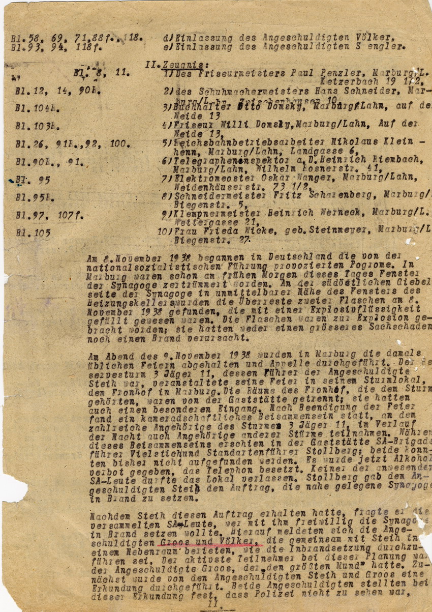Anklageschrift gegen Hans Steih u.a. wegen Brandstiftung an der Marburger Synagoge u.a. Marburger Oberstaatsanwalt Hadding an die Strafkammer bei dem Landgericht: Marburg, 05. September 1947