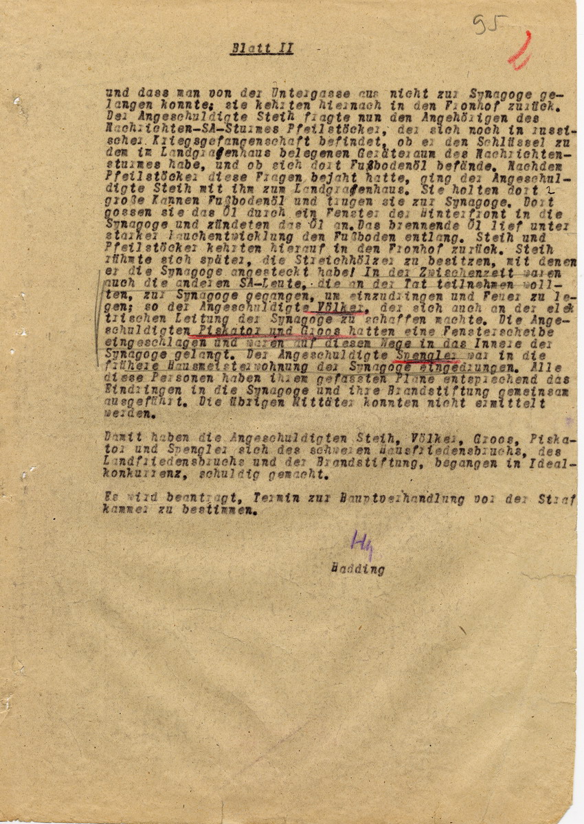 Anklageschrift gegen Hans Steih u.a. wegen Brandstiftung an der Marburger Synagoge u.a. Marburger Oberstaatsanwalt Hadding an die Strafkammer bei dem Landgericht: Marburg, 05. September 1947