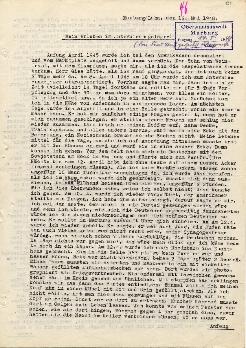 Hans Steih: "Mein Erleben im Internierungslager!" Marburg, 12. Mai 1948