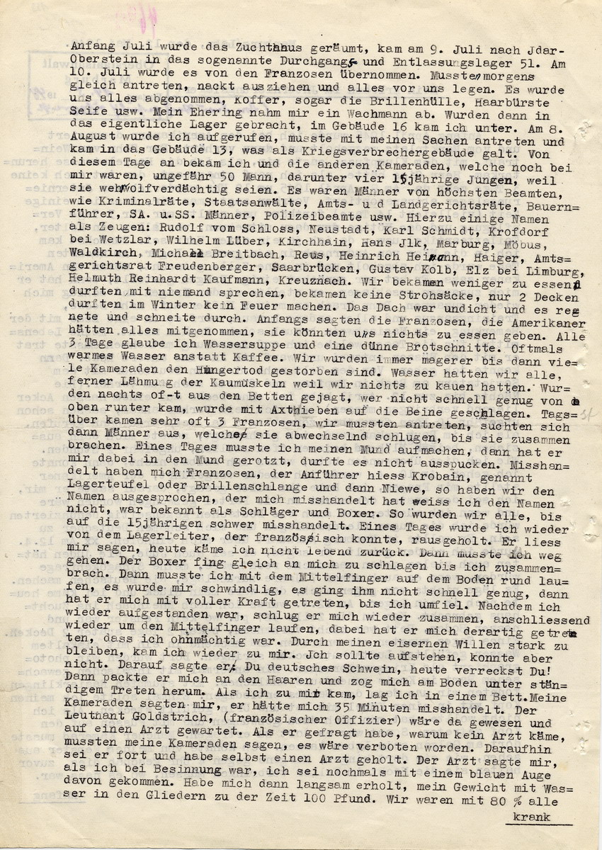 Hans Steih: "Mein Erleben im Internierungslager!" Marburg, 12. Mai 1948