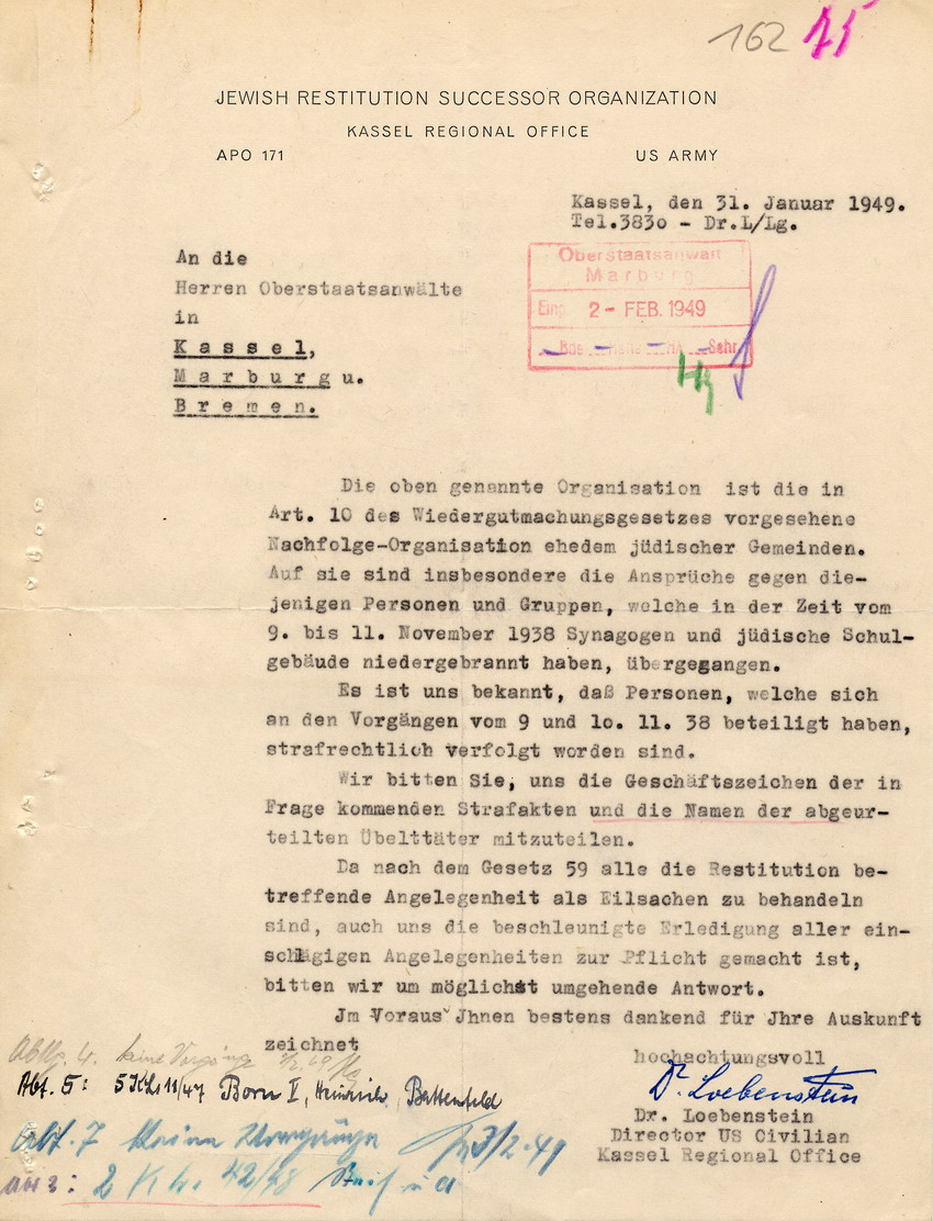 Jewish Restitution Successor Organization, Kassel an die Oberstaatsanwälte in Marburg, Kassel und Bremen, betreffend die Ansprüche gegen die Urheber und Beteiligten an der Reichspogromnacht 1938 in den genannten Städten. Kassel, 31. Januar 1949