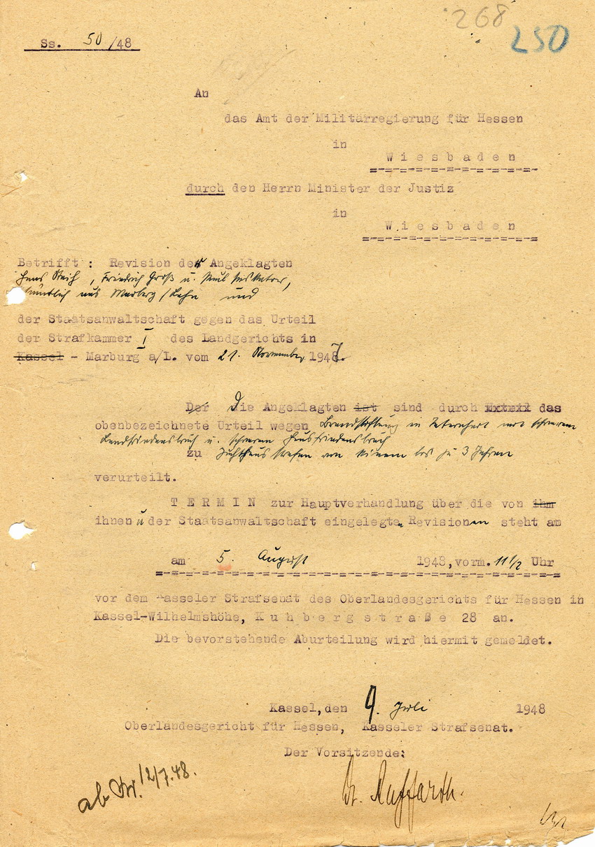 Das Oberlandesgericht für Hessen informiert die Militärregierung in Hessen über den Termin für die Hauptverhandlung betr. die Revision der Angeklagten Steih, Groos und Piscator, 09. Juli 1948.