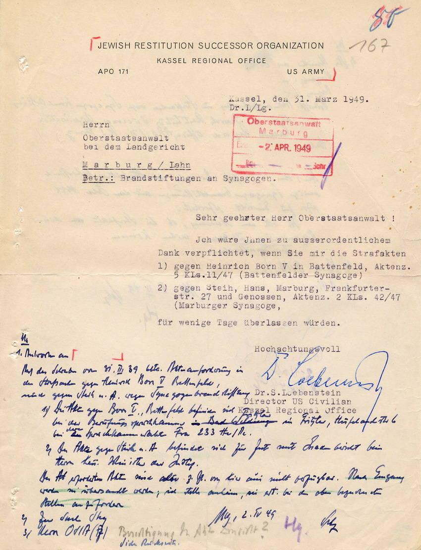 Jewish Restitution Successor Organization, Kassel Regional Office an den Oberstaatsanwalt bei dem Landgericht, betreffend die kurzzeitige Überlassung der Strafakten "Hans Steih" und "Heinrich Born". Kassel, 31. März 1949.