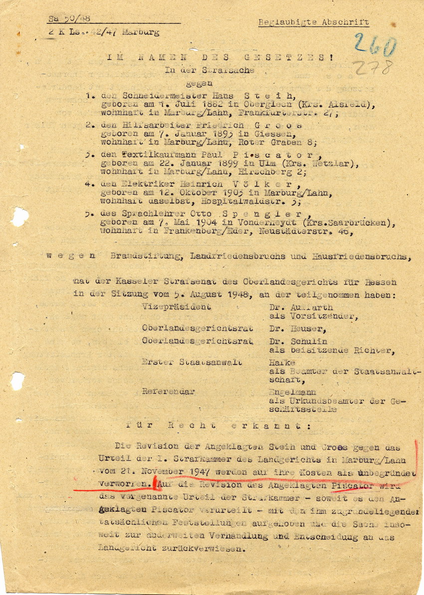 Abschrift über das Urteil des Oberlandesgerichtes in Kassel betr. die Revision der Angeklagten Steih, Groos und Piscator, 09. Juli 1948.