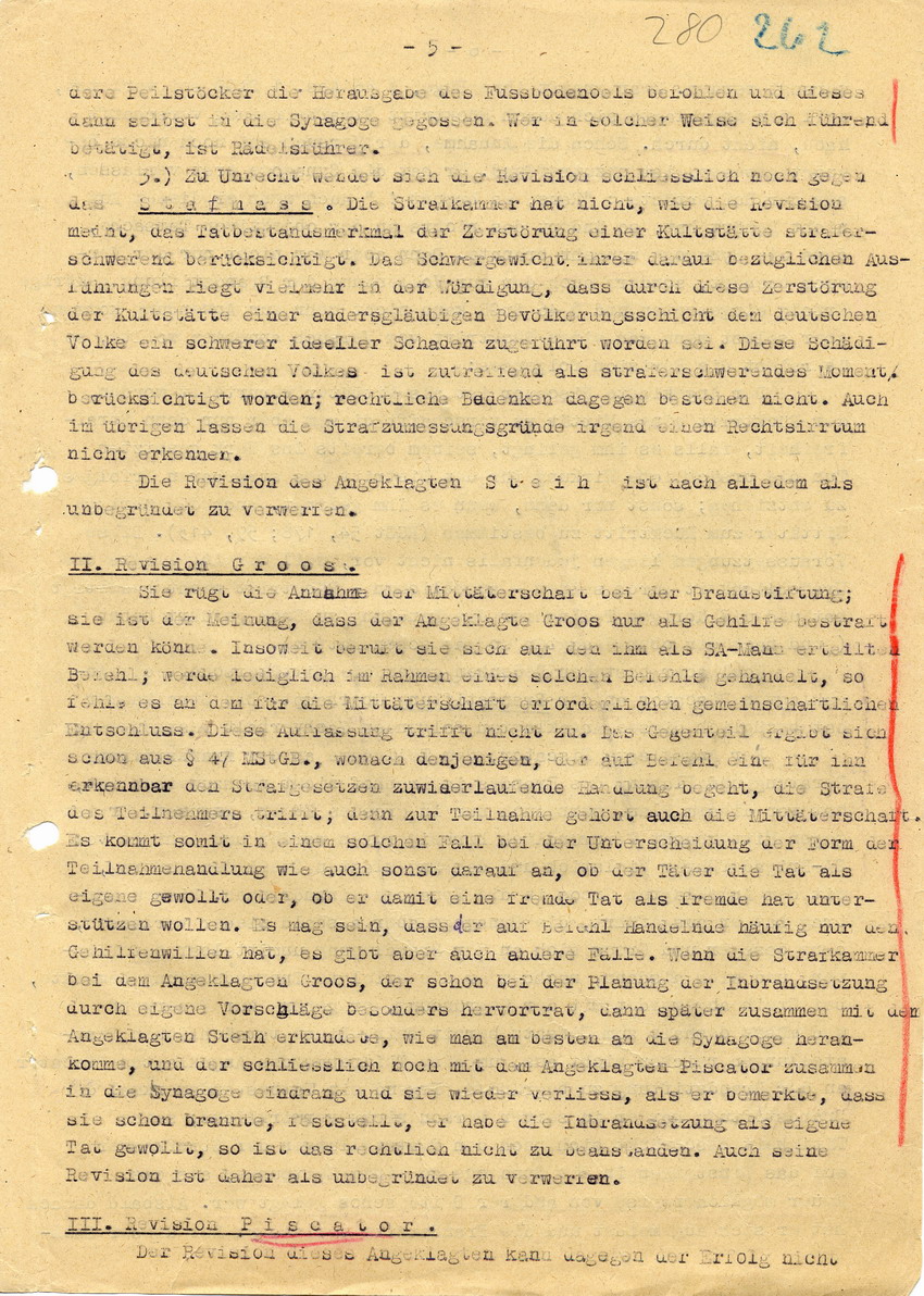 Abschrift über das Urteil des Oberlandesgerichtes in Kassel betr. die Revision der Angeklagten Steih, Groos und Piscator, 09. Juli 1948.