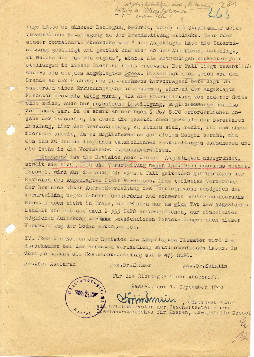Abschrift über das Urteil des Oberlandesgerichtes in Kassel betr. die Revision der Angeklagten Steih, Groos und Piscator, 09. Juli 1948.