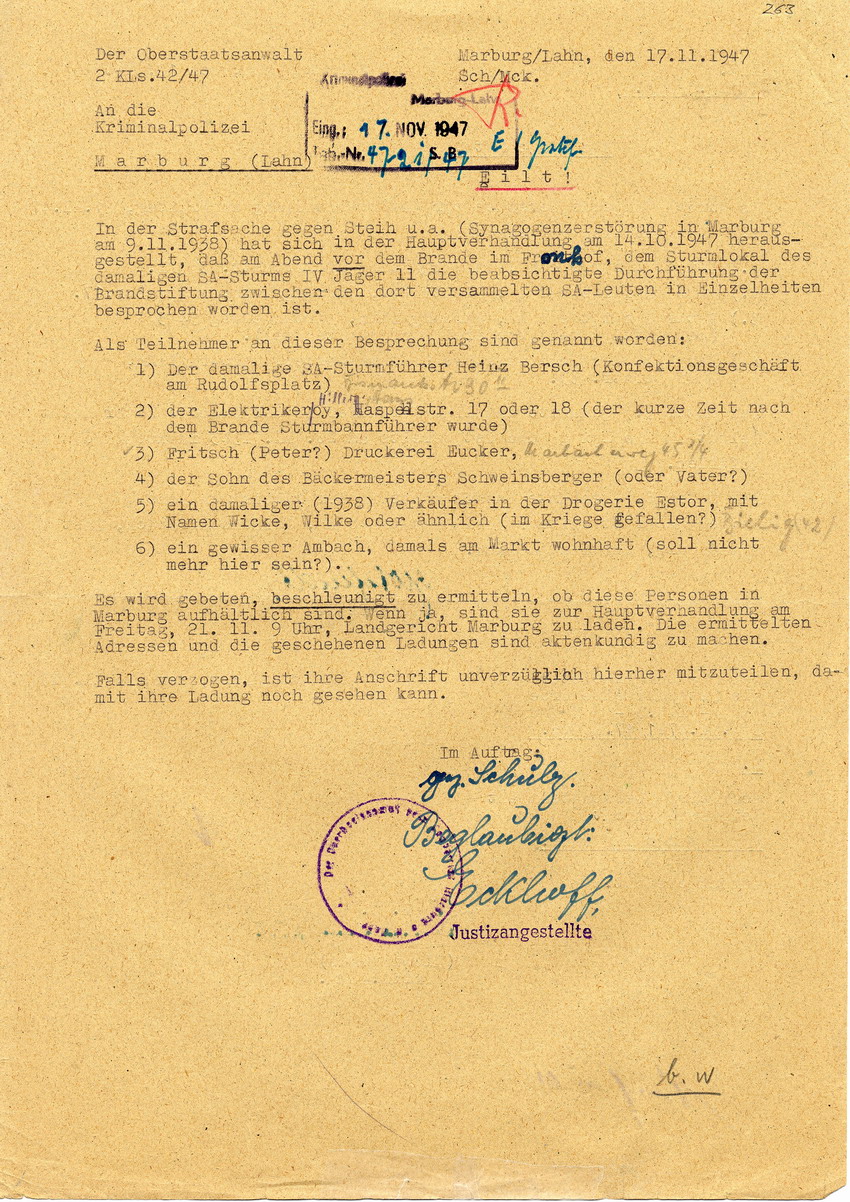 Oberstaatsanwalt Marburg an die Kriminalpolizei Marburg betreffend neue Erkenntnisse in der Strafsache gegen Steih u.a. Marburg, 17. November 1947