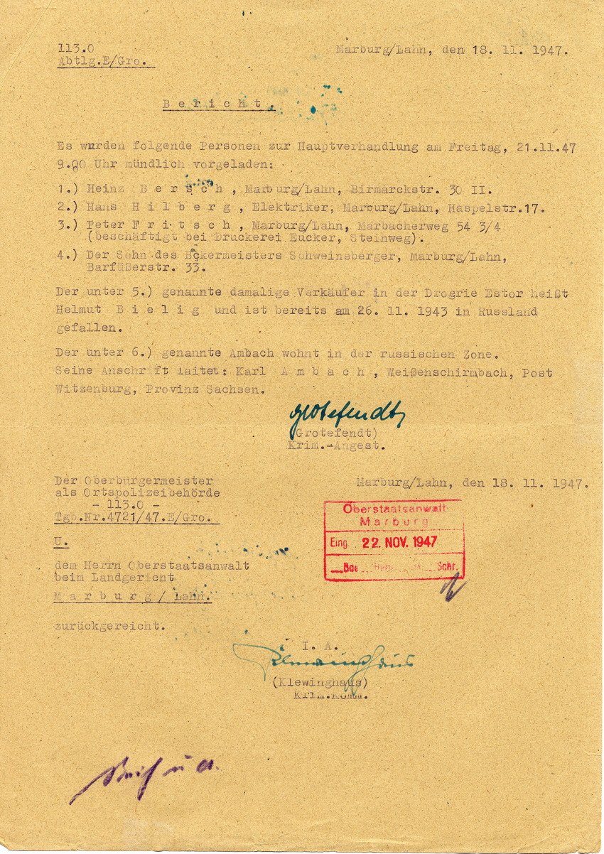 Oberstaatsanwalt Marburg an die Kriminalpolizei Marburg betreffend neue Erkenntnisse in der Strafsache gegen Steih u.a. Marburg, 17. November 1947