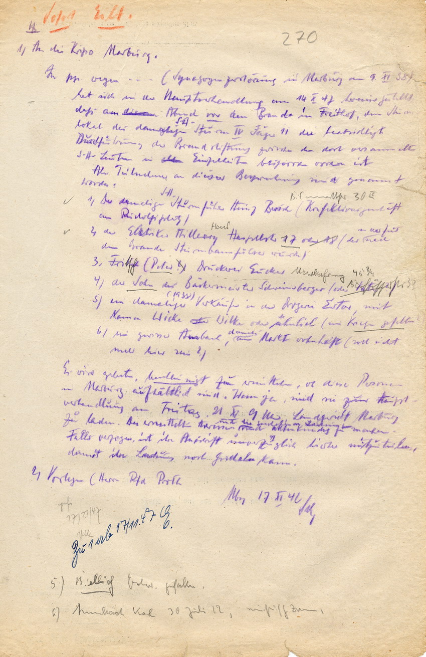 Oberstaatsanwalt Marburg an die Kriminalpolizei Marburg betreffend neue Erkenntnisse in der Strafsache gegen Steih u.a. Marburg, 17. November 1947