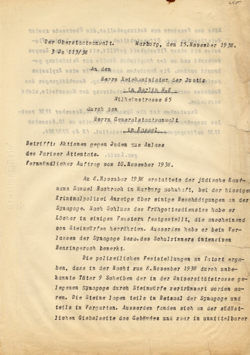 Oberstaatsanwalt Lautz an den Reichsminister der Justiz in Berlin betreffend die Aktionen gegen Juden aus Anlass des Pariser Attentats auf den deutschen Diplomaten vom Rath. Marburg, 15. November 1938