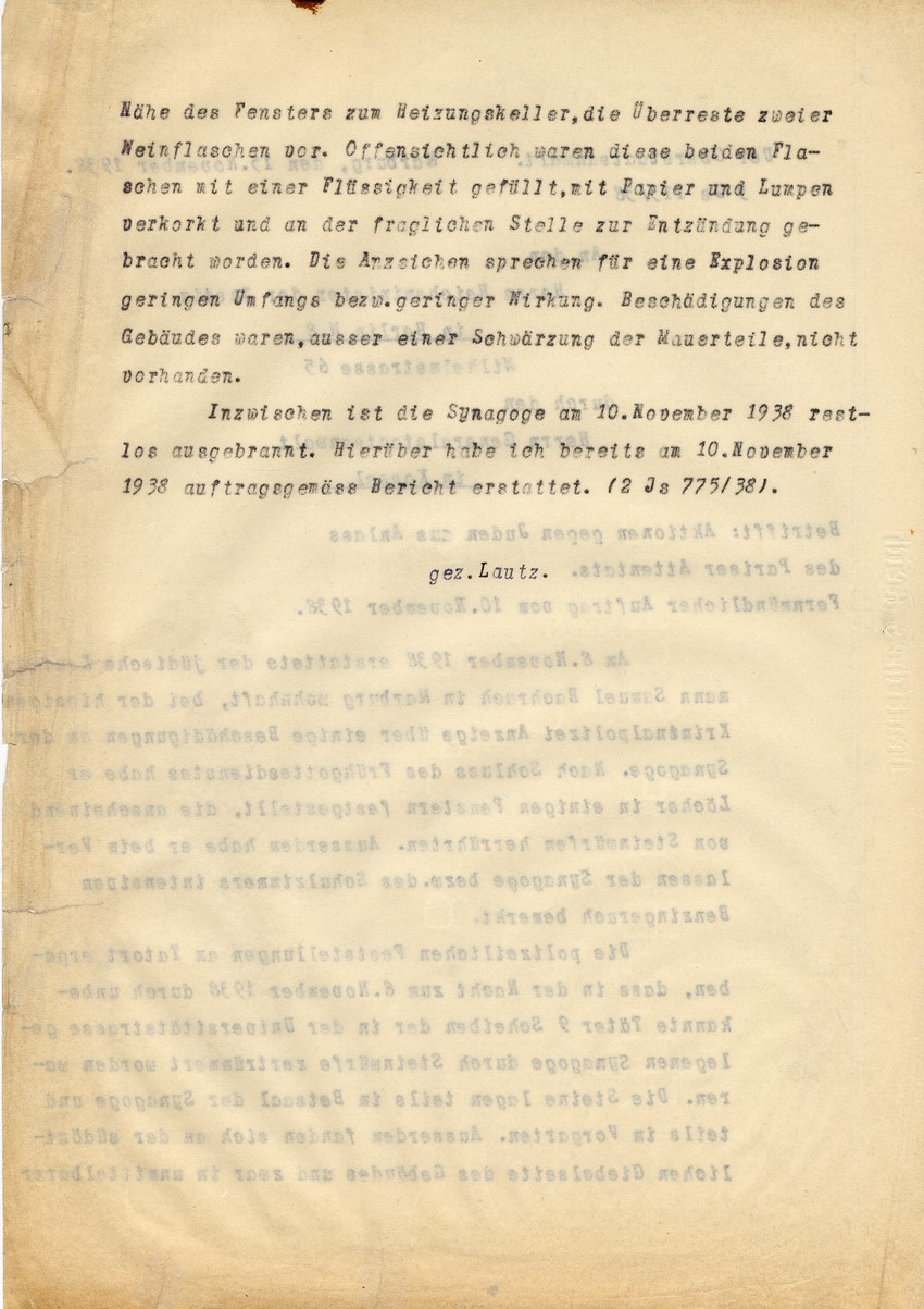 Oberstaatsanwalt Lautz an den Reichsminister der Justiz in Berlin betreffend die Aktionen gegen Juden aus Anlass des Pariser Attentats auf den deutschen Diplomaten vom Rath. Marburg, 15. November 1938