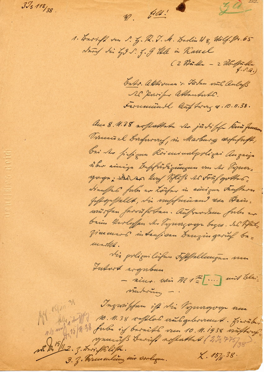 Oberstaatsanwalt Lautz an den Reichsminister der Justiz in Berlin betreffend die Aktionen gegen Juden aus Anlass des Pariser Attentats auf den deutschen Diplomaten vom Rath. Marburg, 15. November 1938