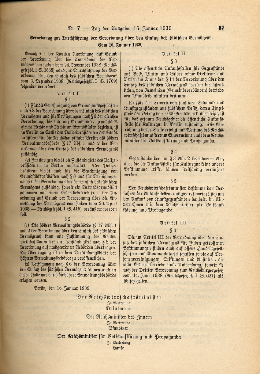 Verordnung zur Durchführung der Verordnung über den Einsatz des jüdischen Vermögens, 16. Januar 1939.