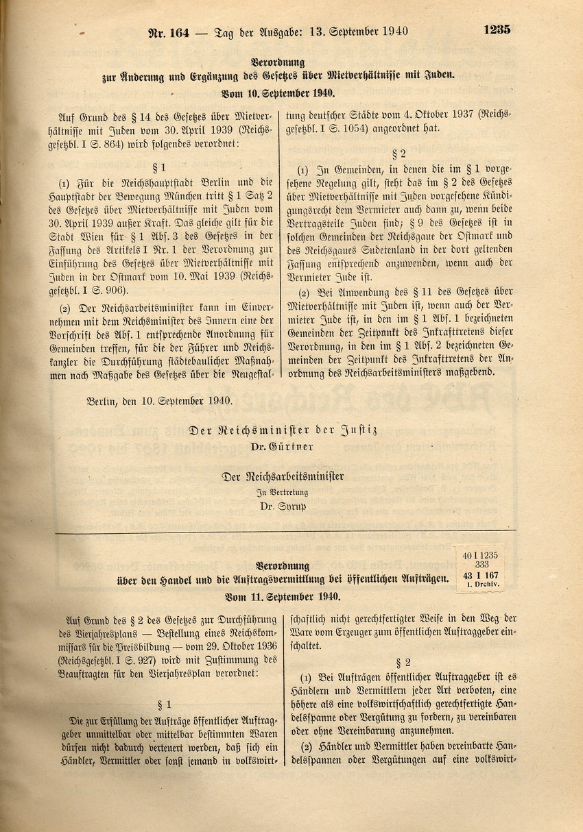 Verordnung zur Änderung und Ergänzung des Gesetzes über Mietverhältnisse mit Juden, 10. September 1940