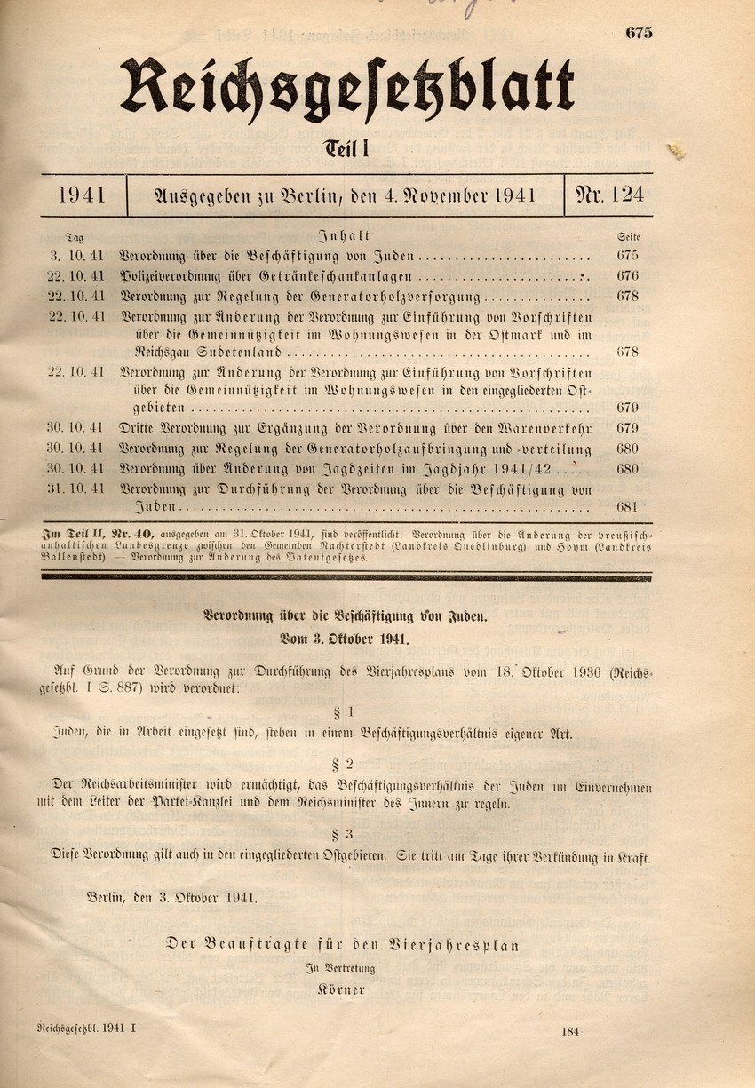 Verordnung über die Beschäftigung von Juden, 03. Oktober 1941.