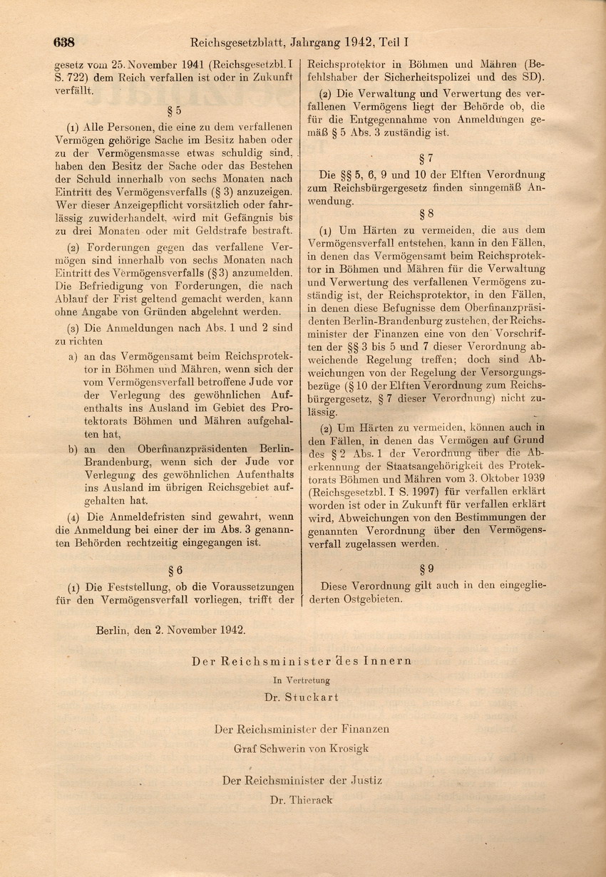 Verordnung über den Verlust der Protektoratsangehörigkeit, 02. November 1942.